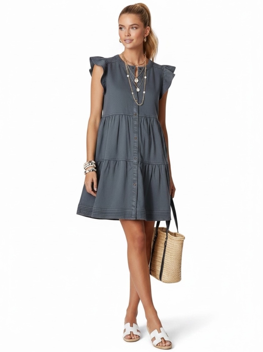 Marie Oliver Neelie Denim Dress Sz XS Gray Pockets Tiered Flutter Sleeves Boho